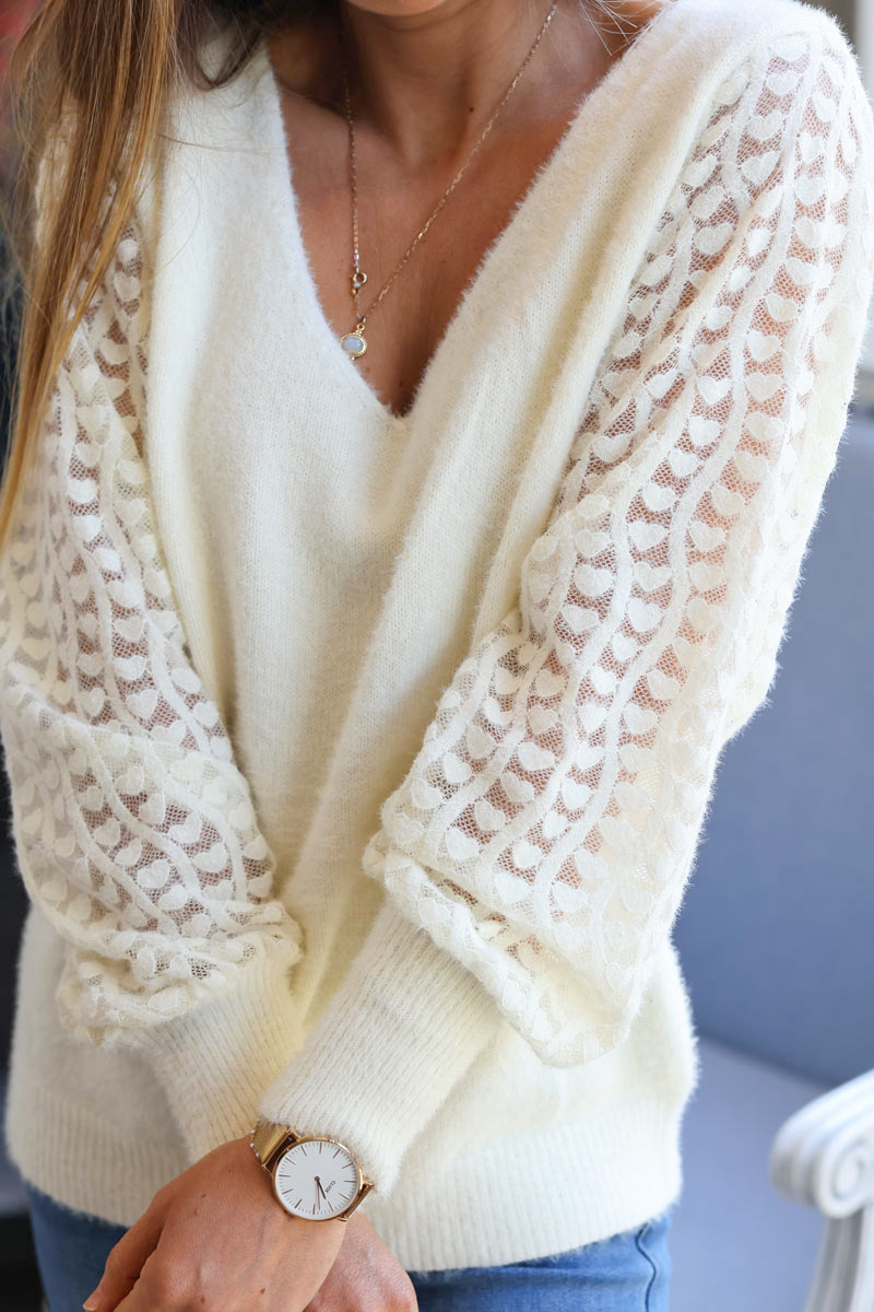 Ecru super soft knit sweater with lace heart sleeves