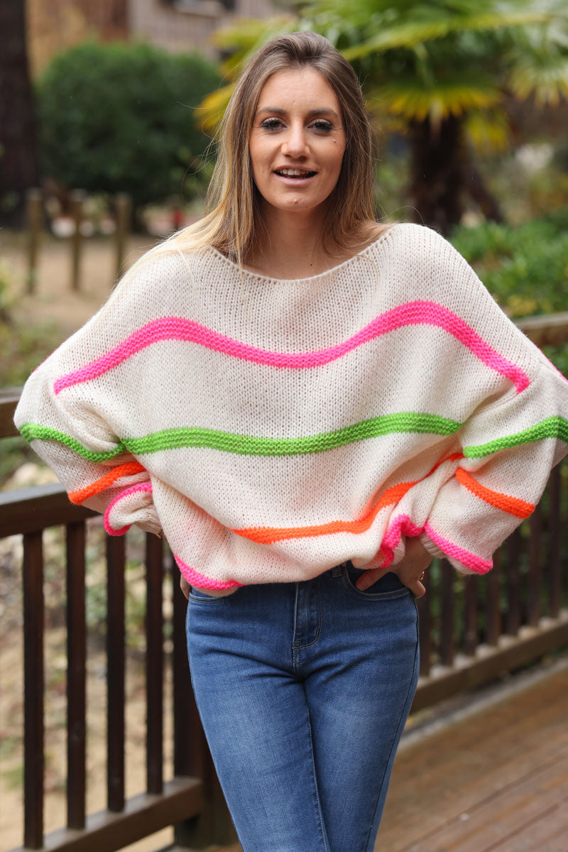Ecru chunky knit fluorescent striped sweater
