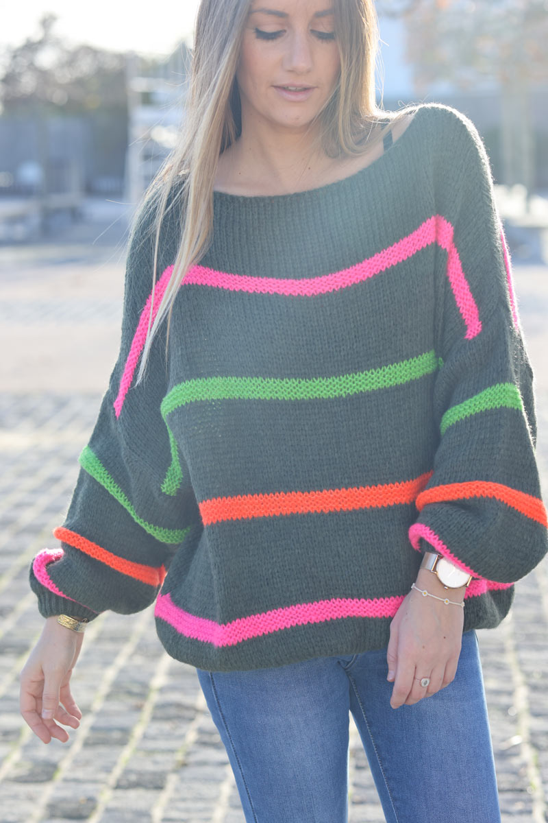Khaki chunky knit fluorescent striped sweater