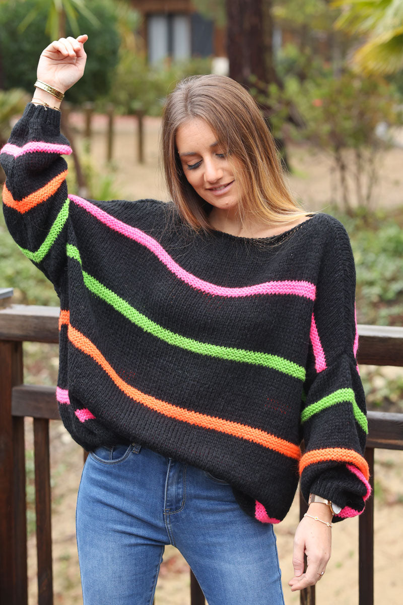 Black chunky knit fluorescent striped sweater