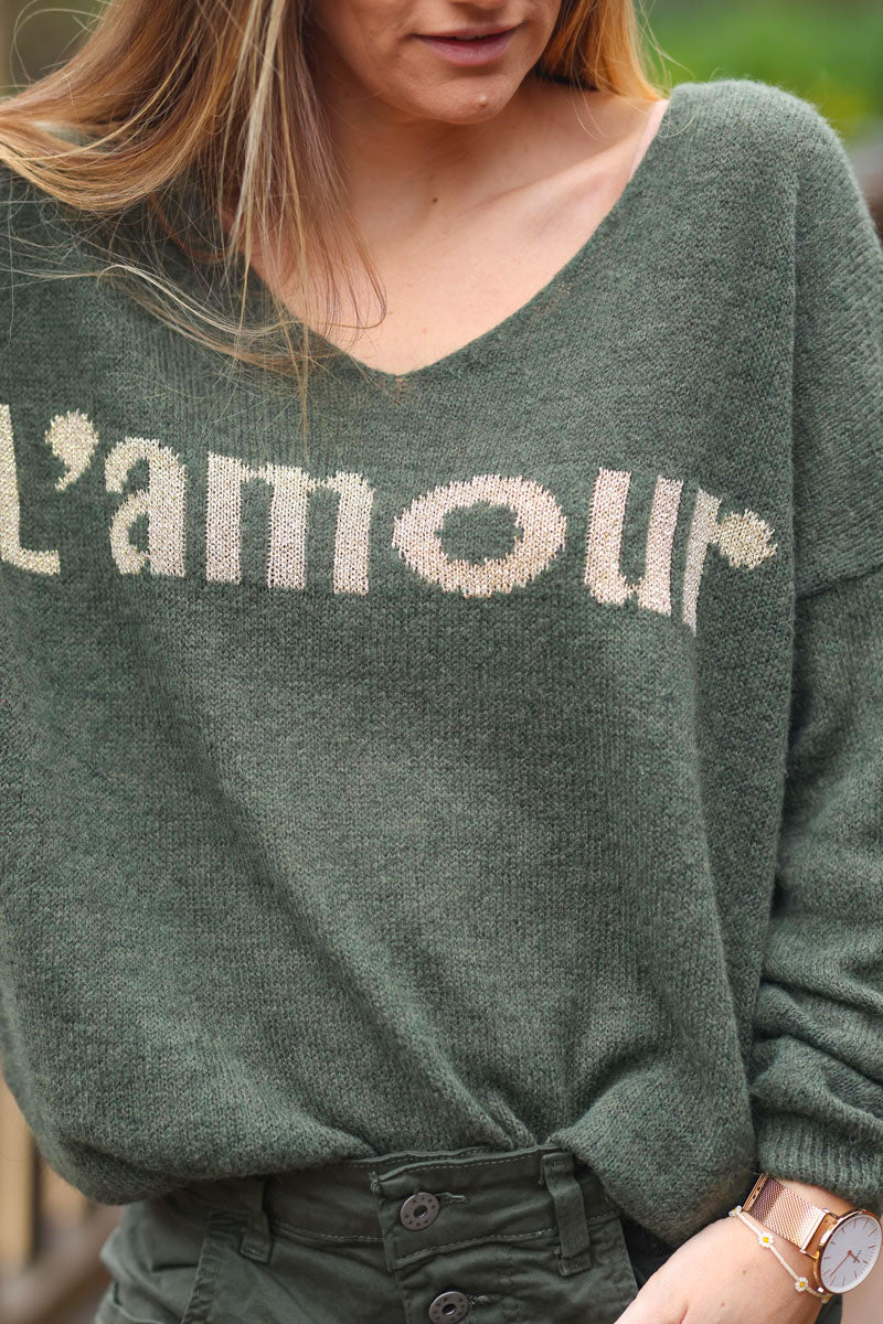 Khaki fine knit v-neck sweater 'L'amour'