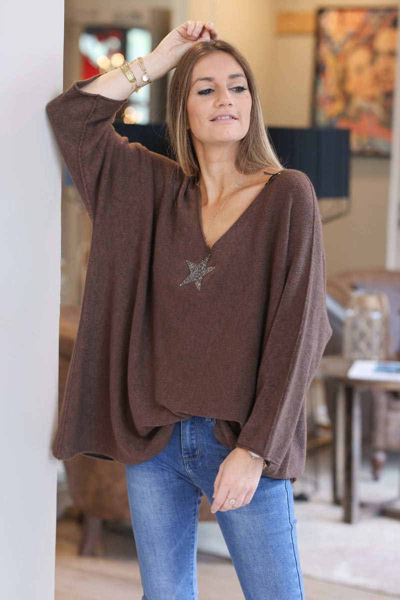 Chocolate oversized super soft jumper with silver rhinestone star