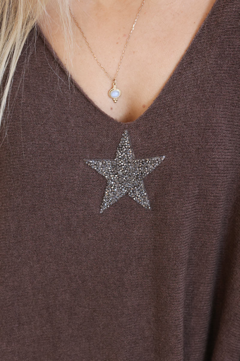 Chocolate oversized super soft jumper with silver rhinestone star