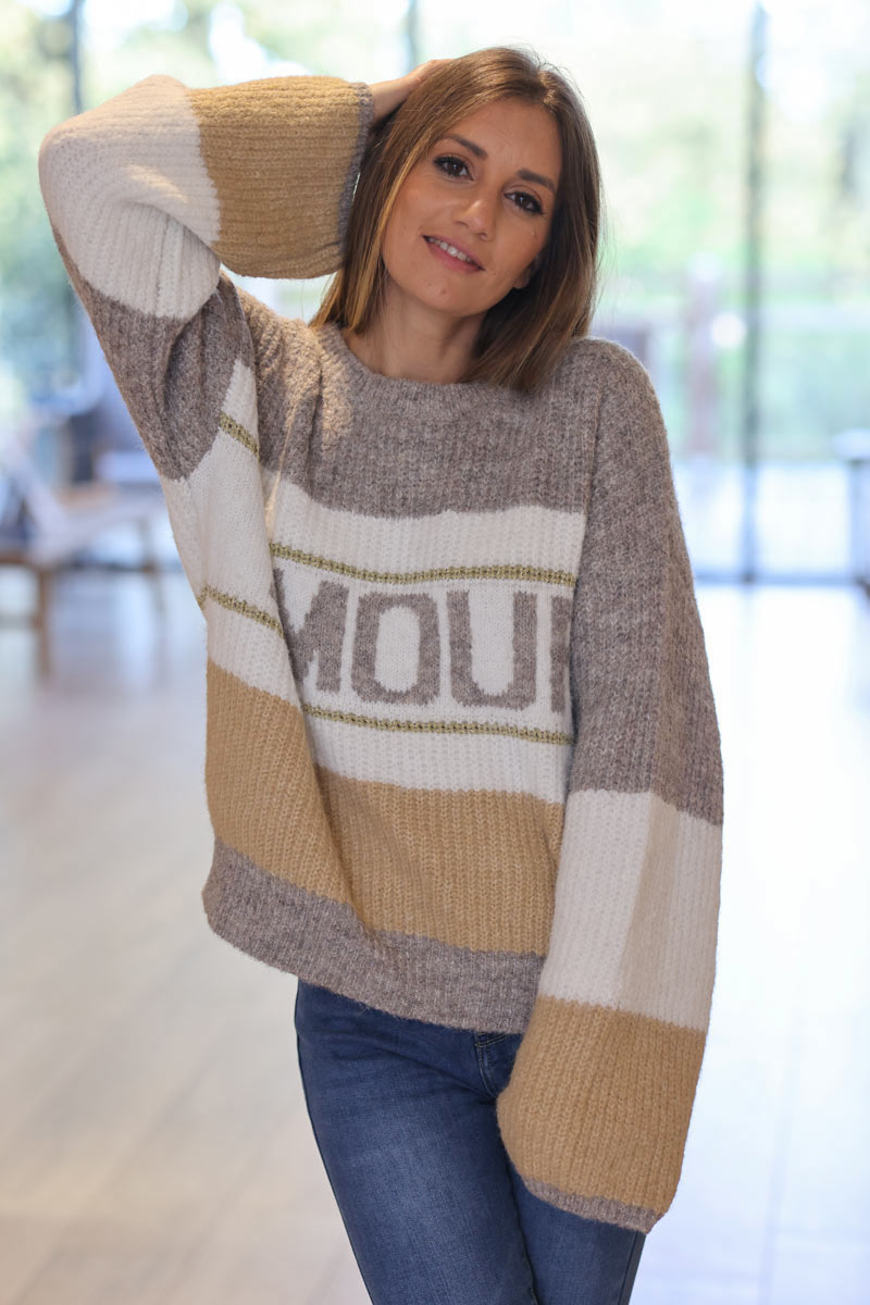 Pull maille moelleuse rayures tricolores taupe et camel Amour