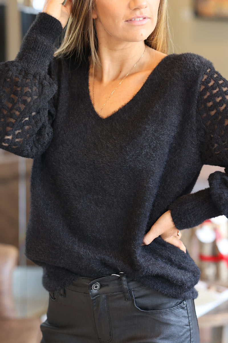 Black super soft knit sweater with lace heart sleeves