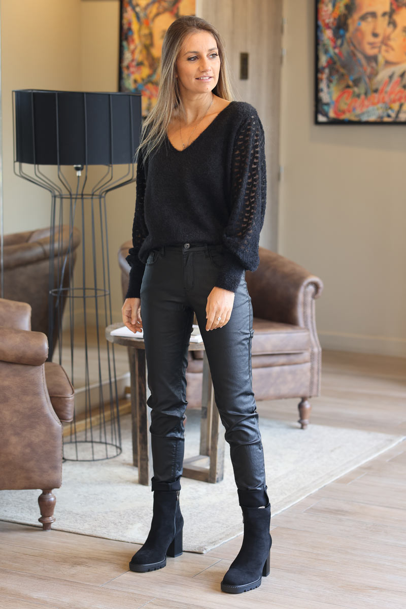 Black super soft knit sweater with lace heart sleeves