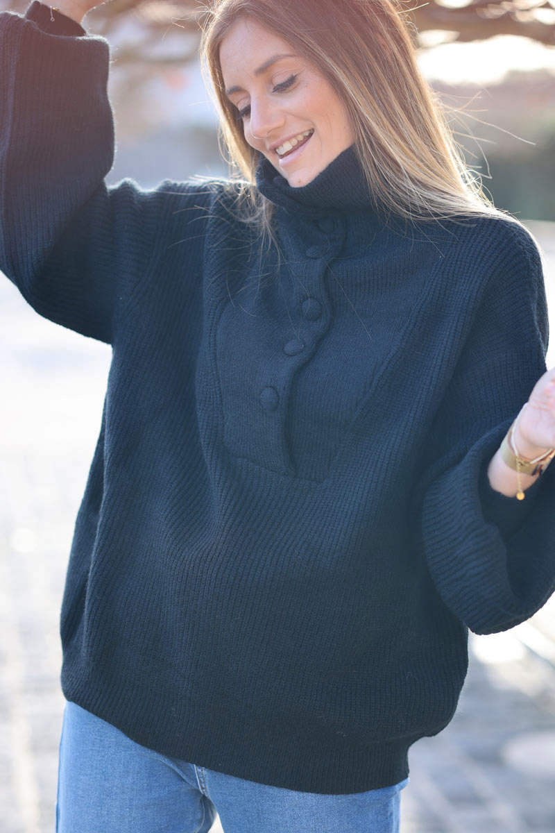 Ribbed roll neck button up sweater in black