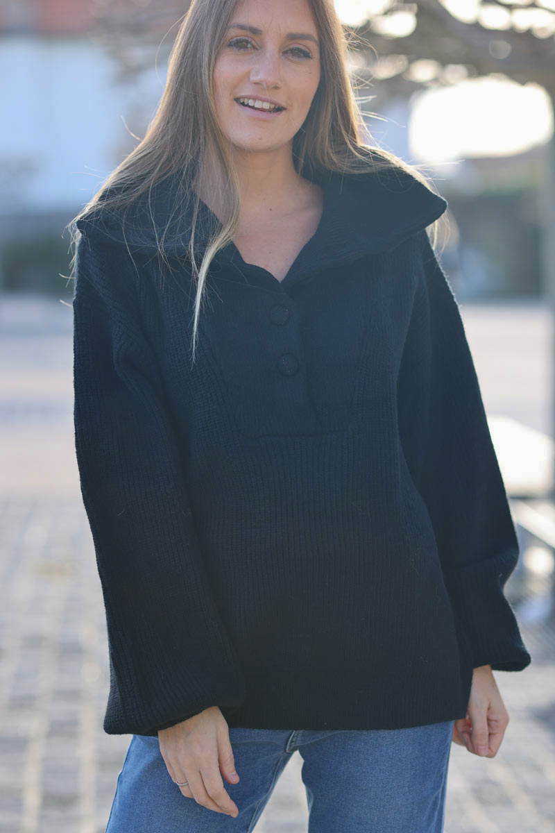 Ribbed roll neck button up sweater in black