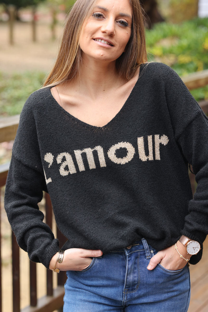 Black fine knit v-neck sweater 'L'amour'