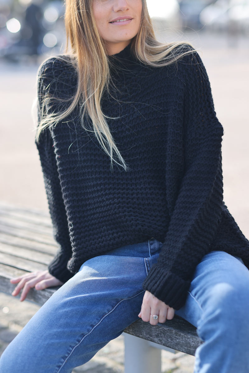 Black textured knit blend funnel neck sweater