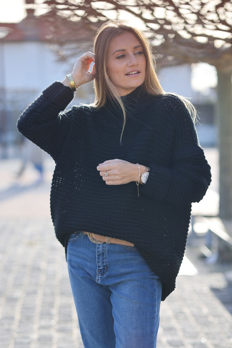 Black textured knit blend funnel neck sweater