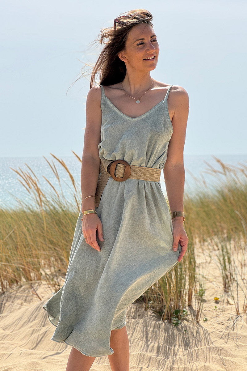 Olive Linen Strappy Sundress
