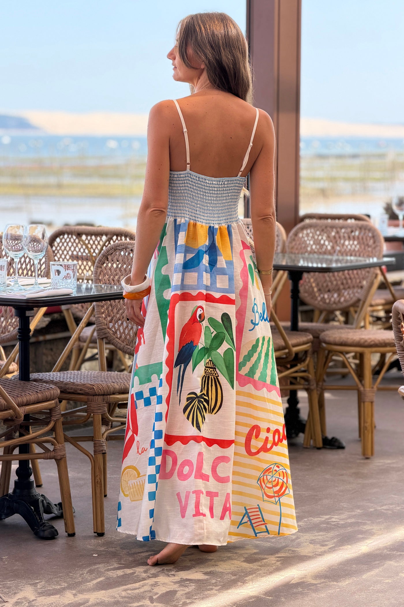 Robe à bretelles imprimé rayures bleu Dolce Vita palmiers