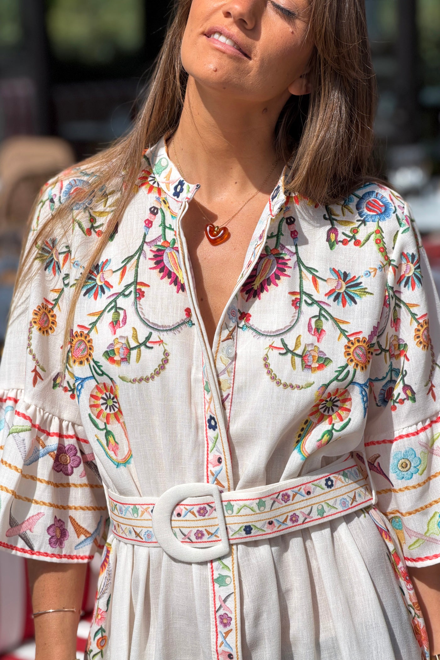 Beige Embroidered Folk Garden Belted Dress