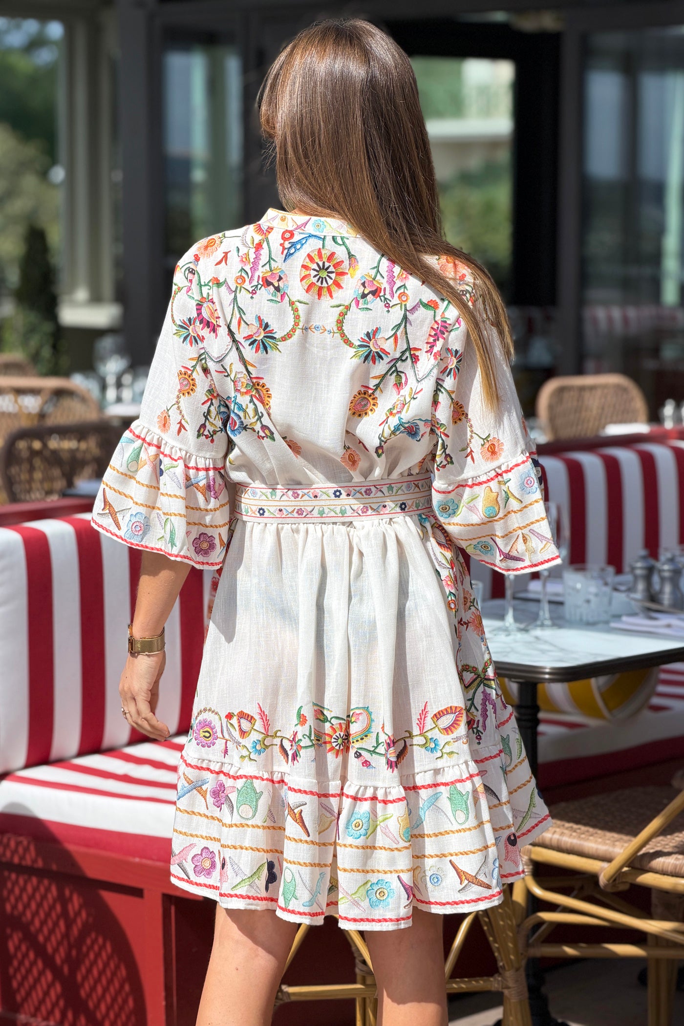 Beige Embroidered Folk Garden Belted Dress