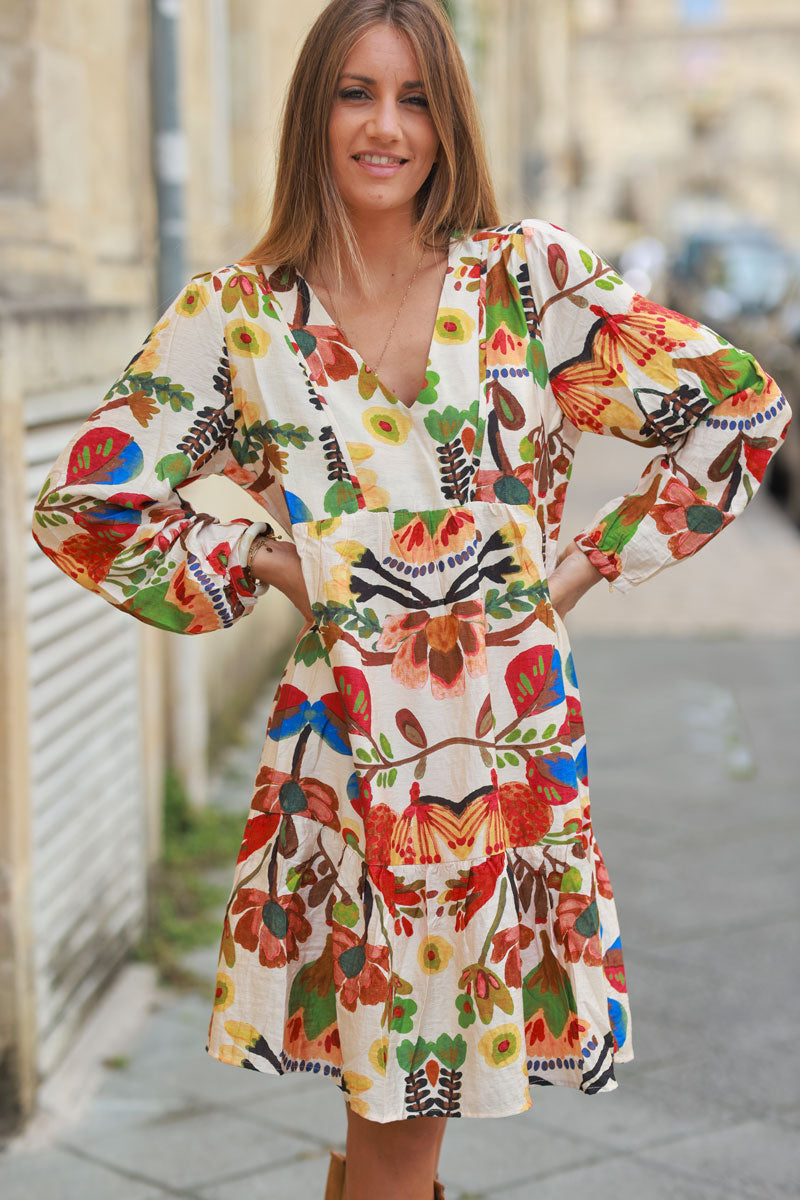 Beige dress with autumn watercolor floral print and lining