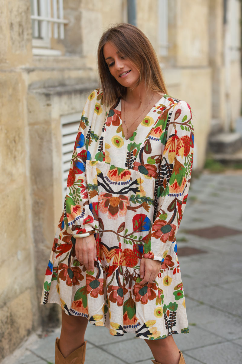 Beige dress with autumn watercolor floral print and lining