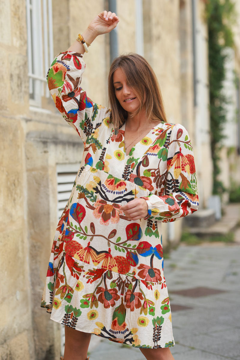 Beige dress with autumn watercolor floral print and lining