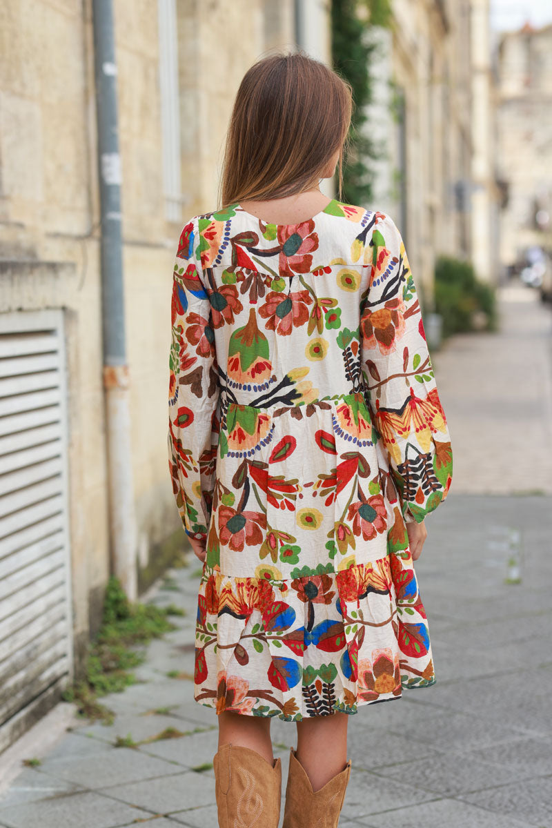 Beige dress with autumn watercolor floral print and lining