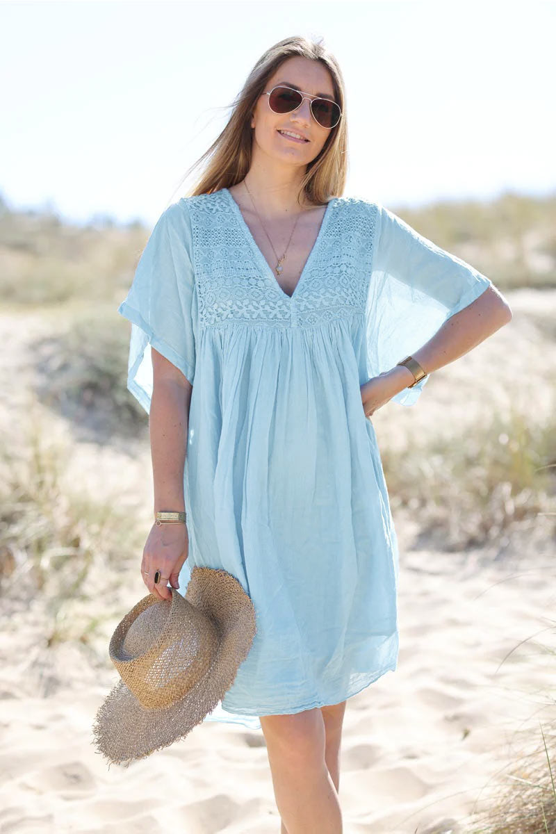 Sky blue floaty cotton dress with lace top