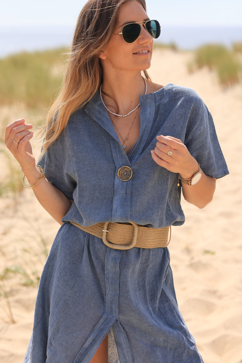 Dusty blue woven style cotton dress with large metal button
