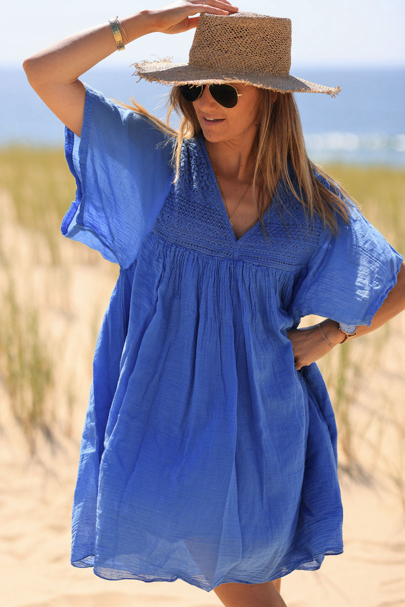 Dusty blue floaty cotton dress with lace top