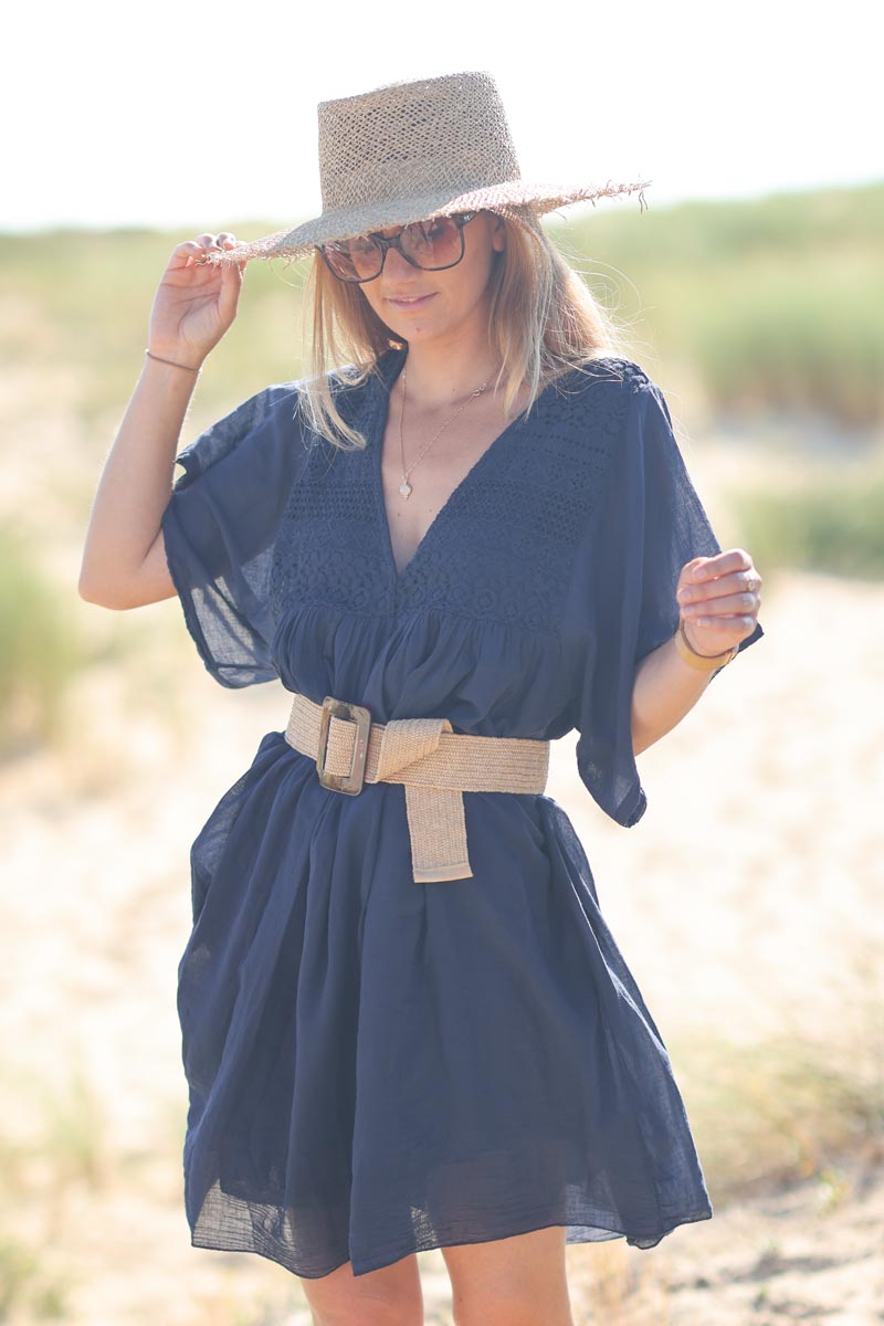 Navy blue floaty cotton dress with lace top