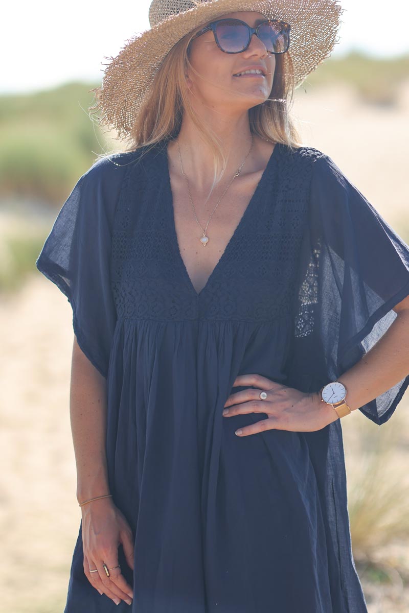 Navy blue floaty cotton dress with lace top