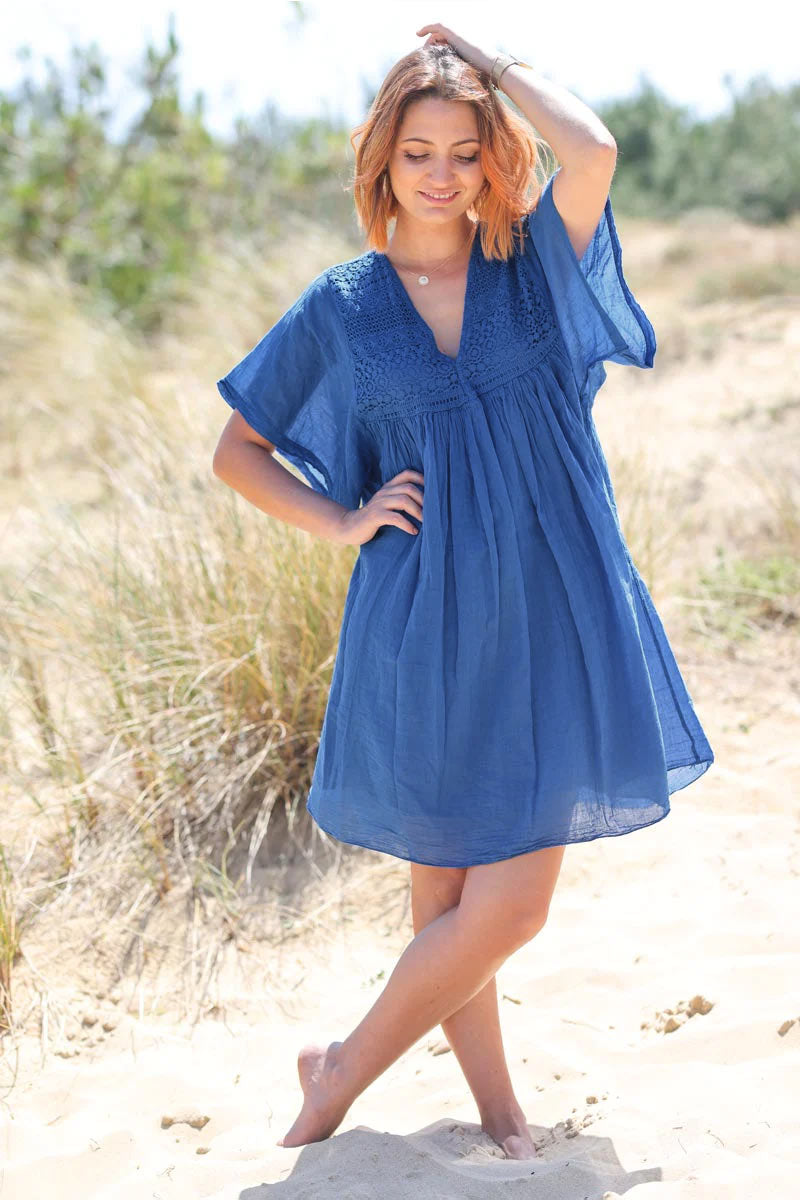 Royal blue floaty cotton dress with lace top