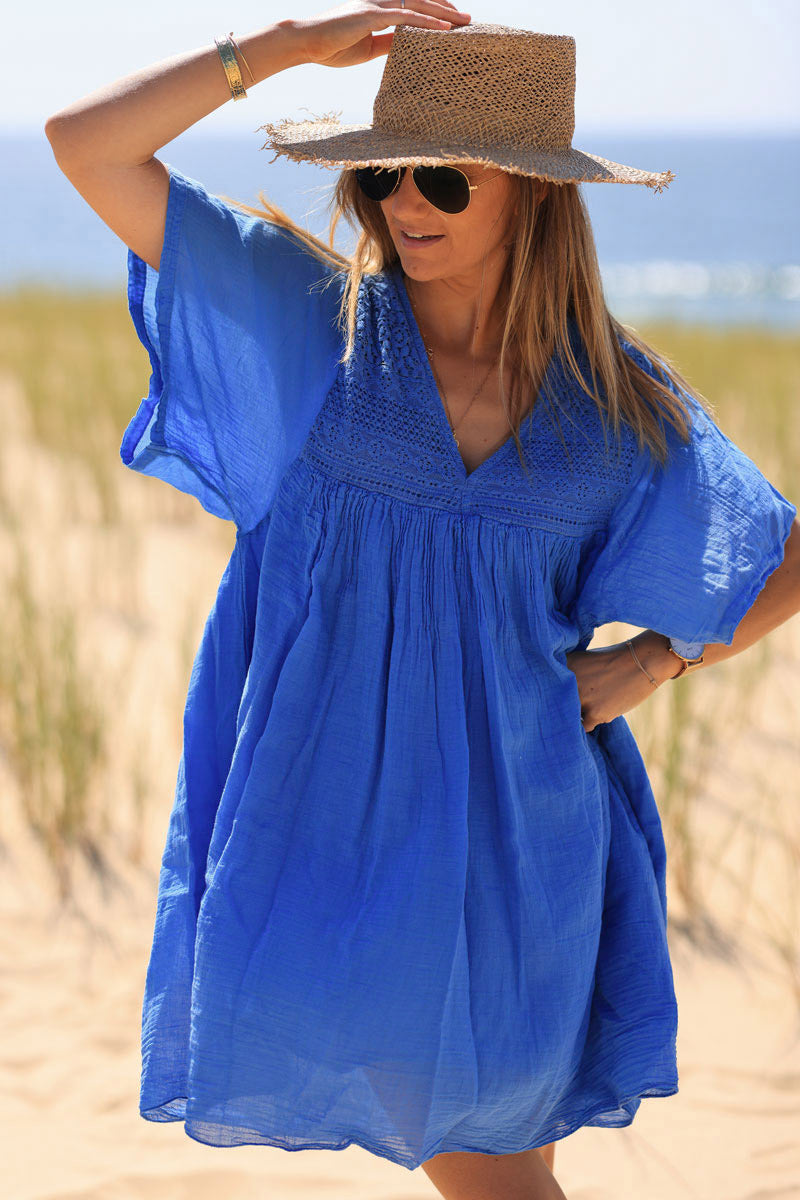 Royal Blue Floaty Cotton Dress with Lace Top