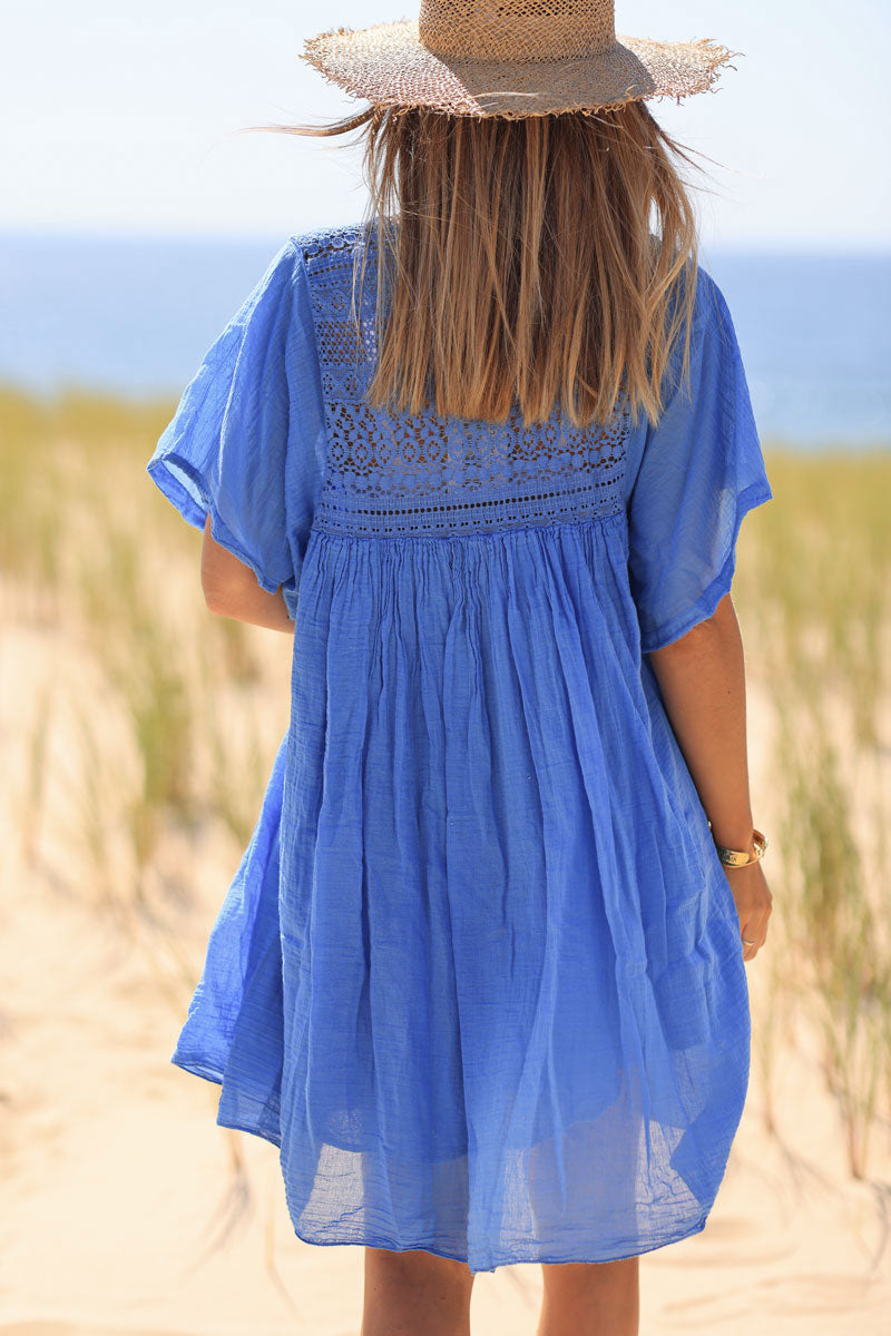 Royal Blue Floaty Cotton Dress with Lace Top