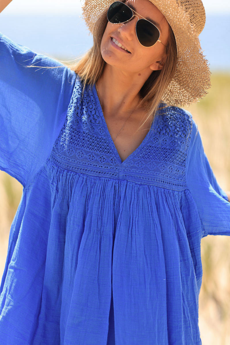 Robe bleu roi légère voile de coton haut dentelle