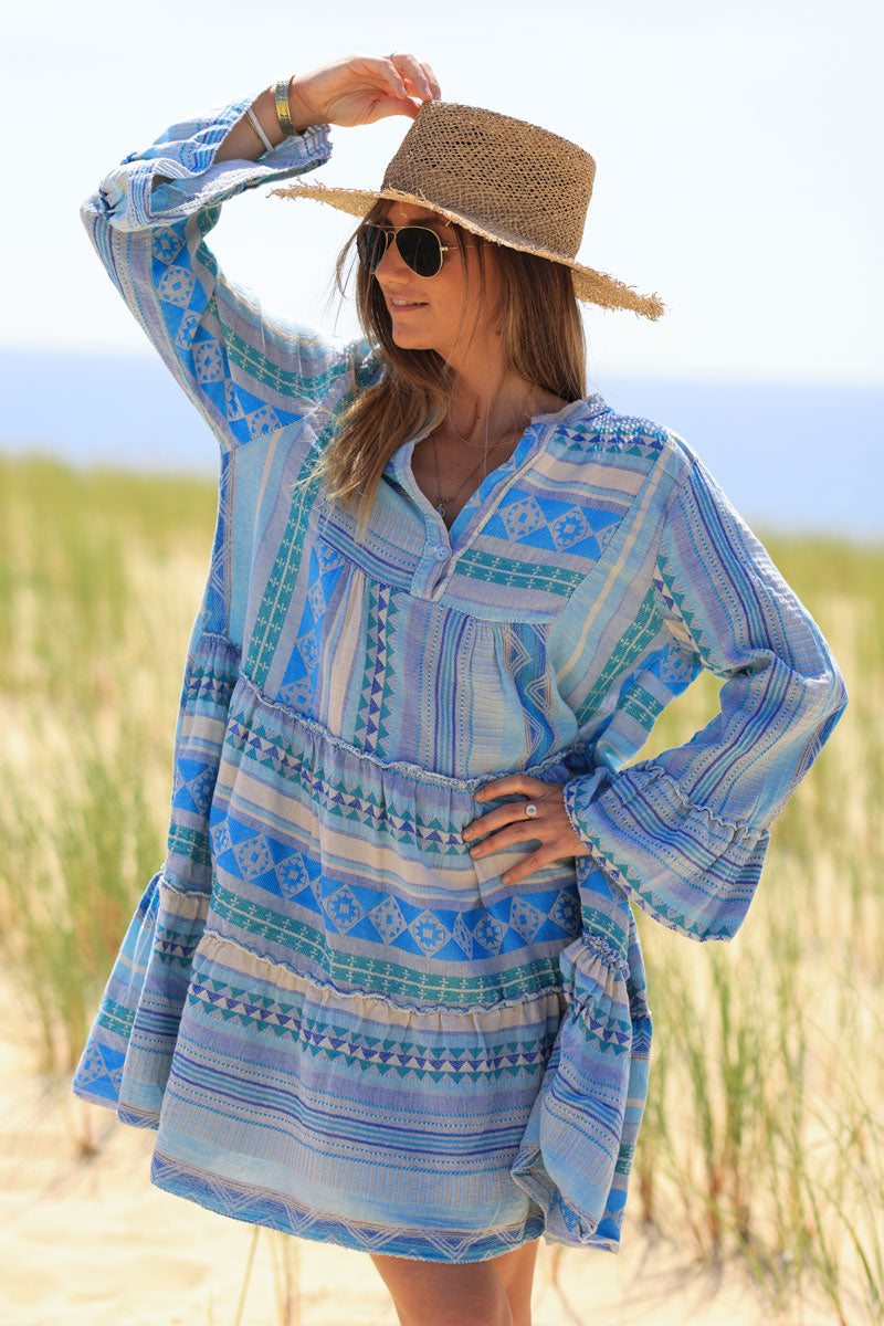 Blue frilled cotton dress with woven aztec print