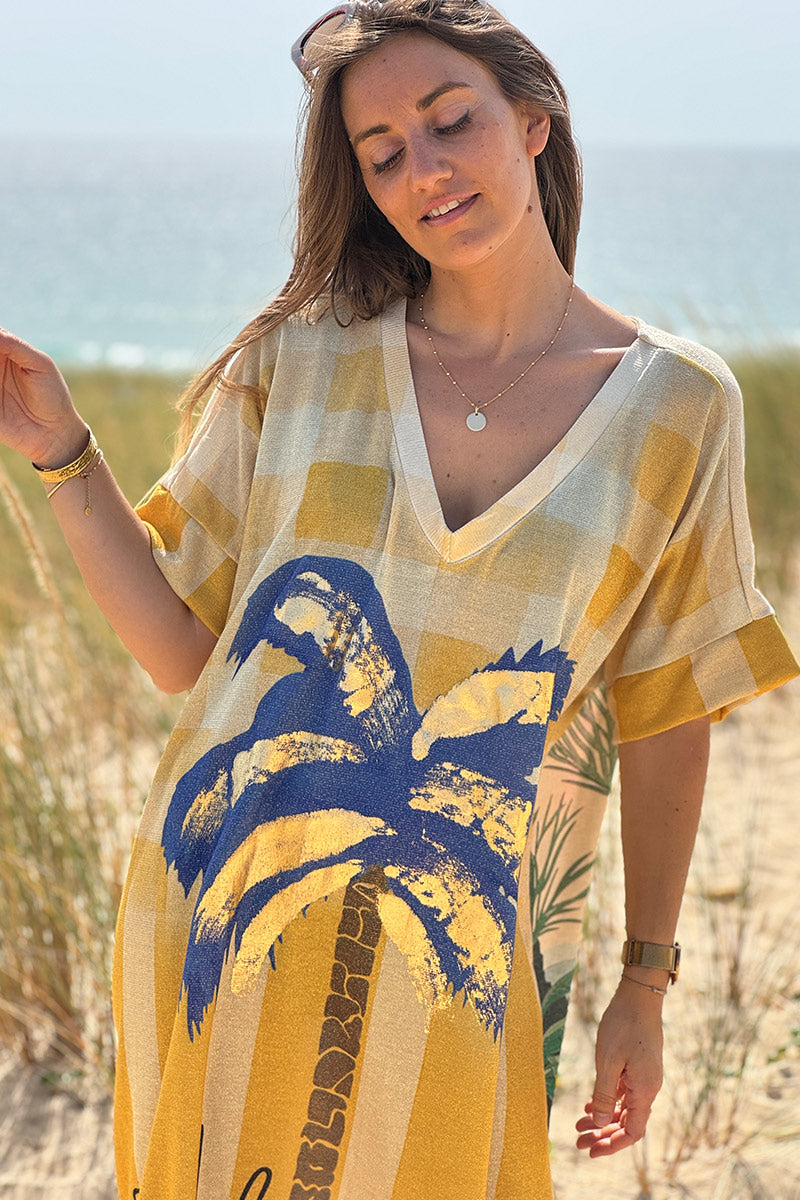 Robe brillante et large imprimé rayures jaunes palmier Aloha Trust