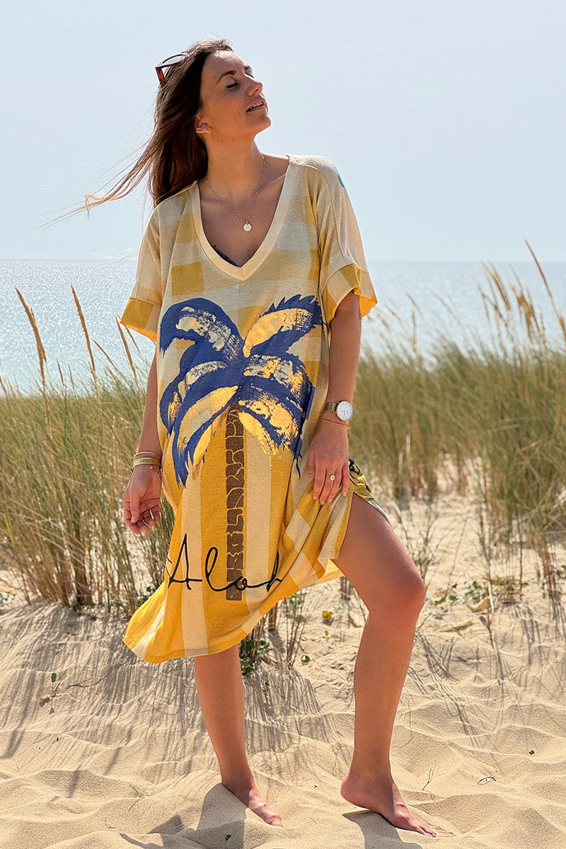 Robe brillante et large imprimé rayures jaunes palmier Aloha Trust