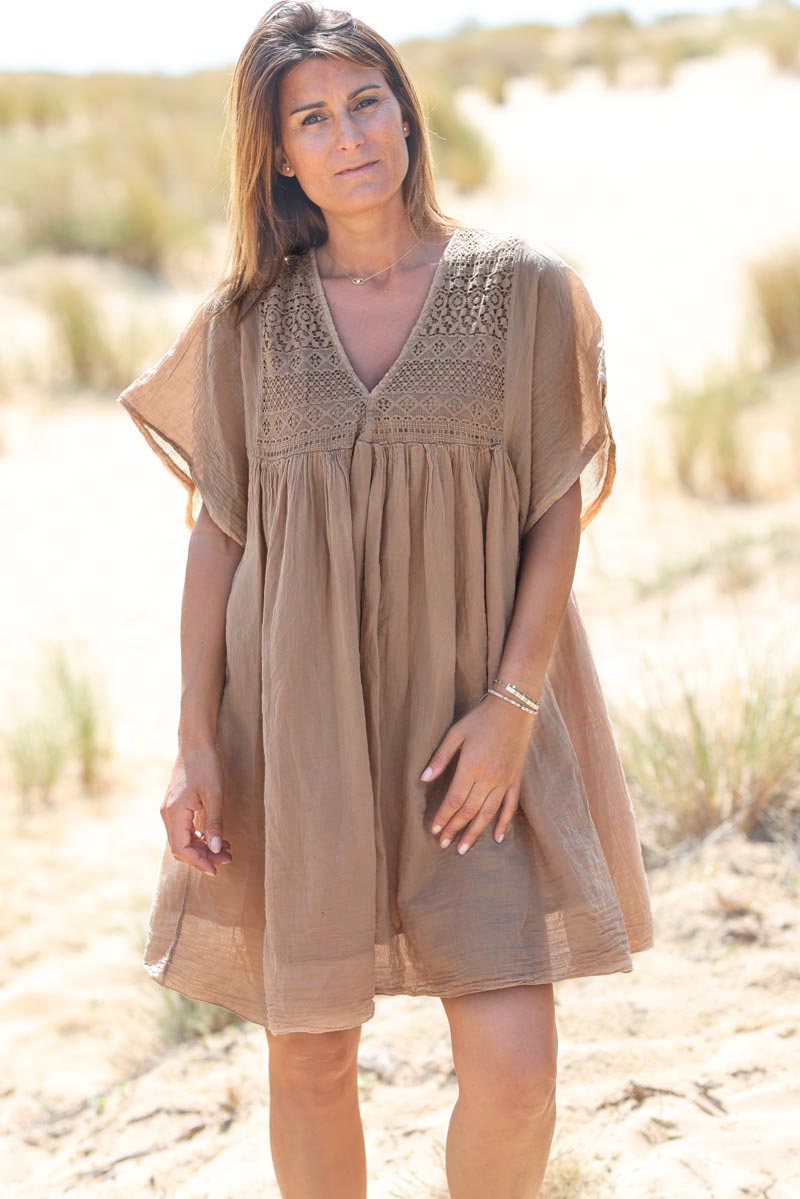 Camel floaty cotton dress with lace top