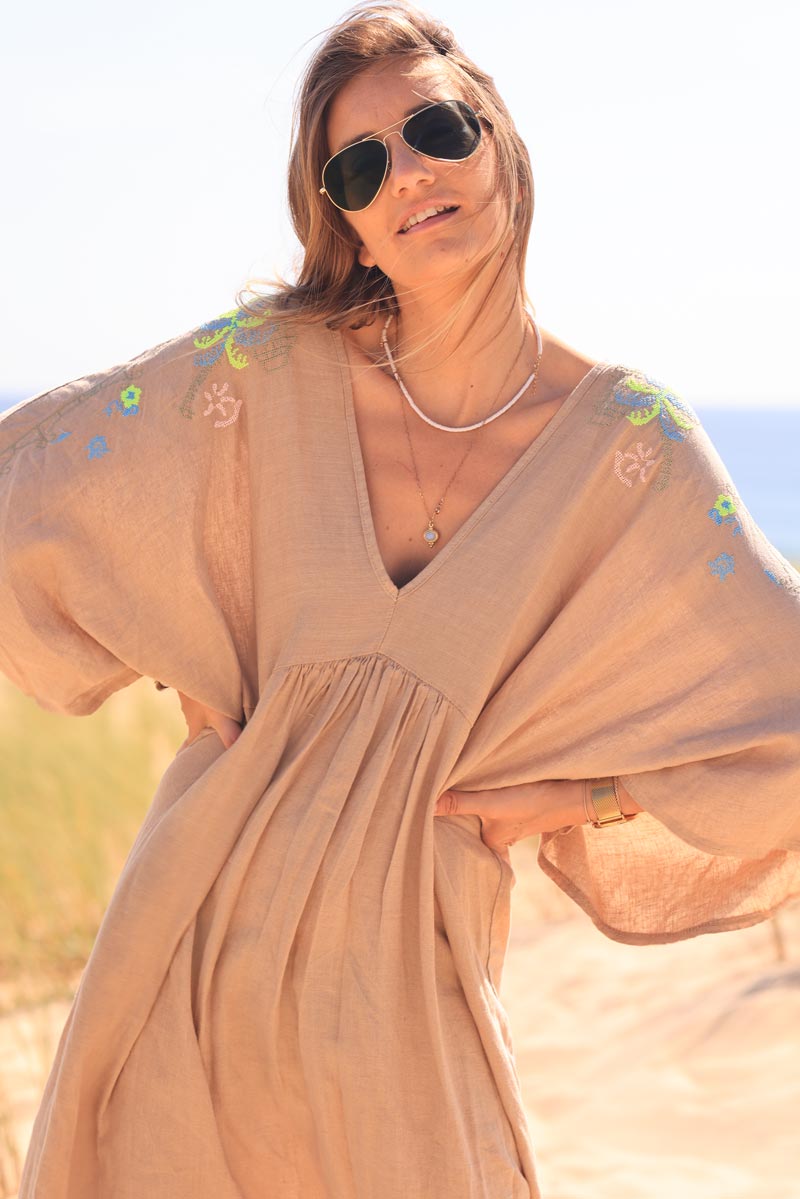 Camel maxi dress with batwing sleeves and colorful shoulder embroidery