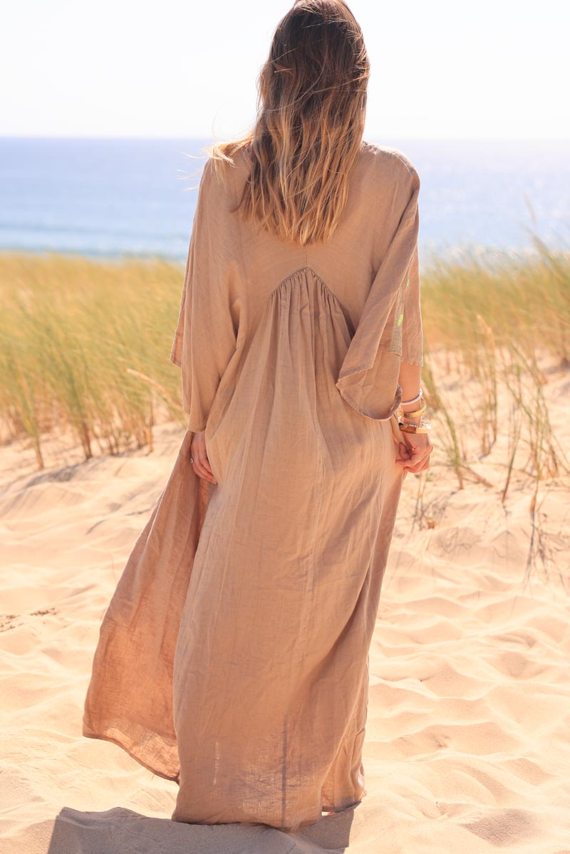 Camel maxi dress with batwing sleeves and colorful shoulder embroidery