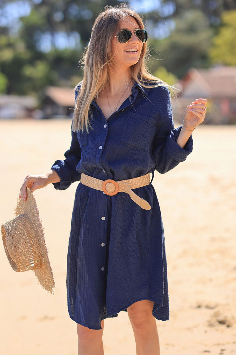 Navy blue crinkle cotton gauze shirt dress with raffia style belt ...