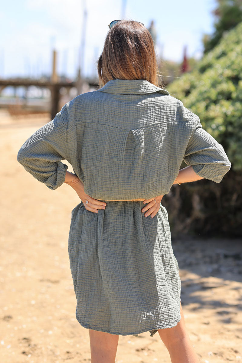 Khaki crinkle cotton gauze shirt dress with raffia style belt