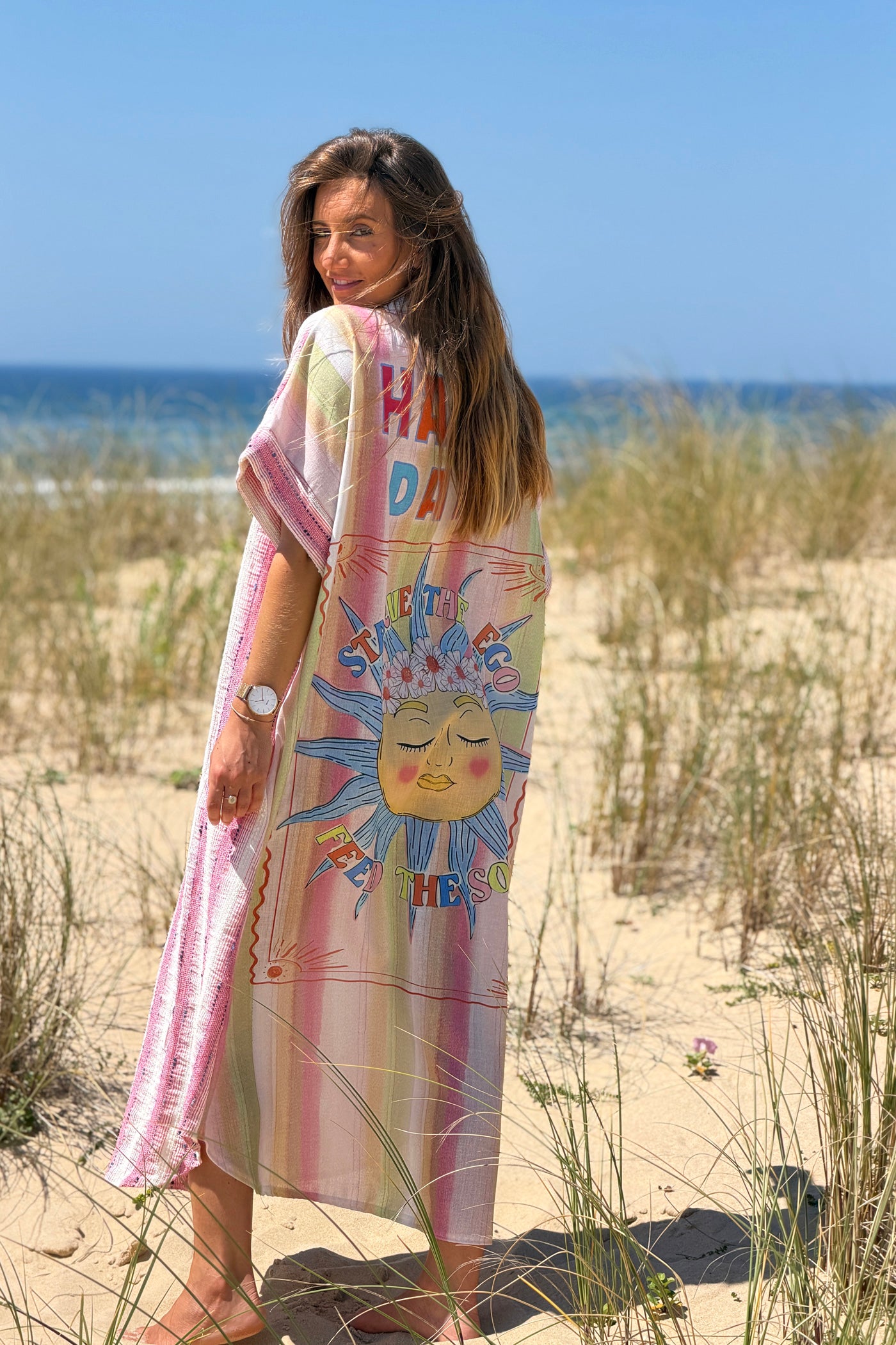 Pink “Happy Days” Pastel Stripe Gauze Caftan