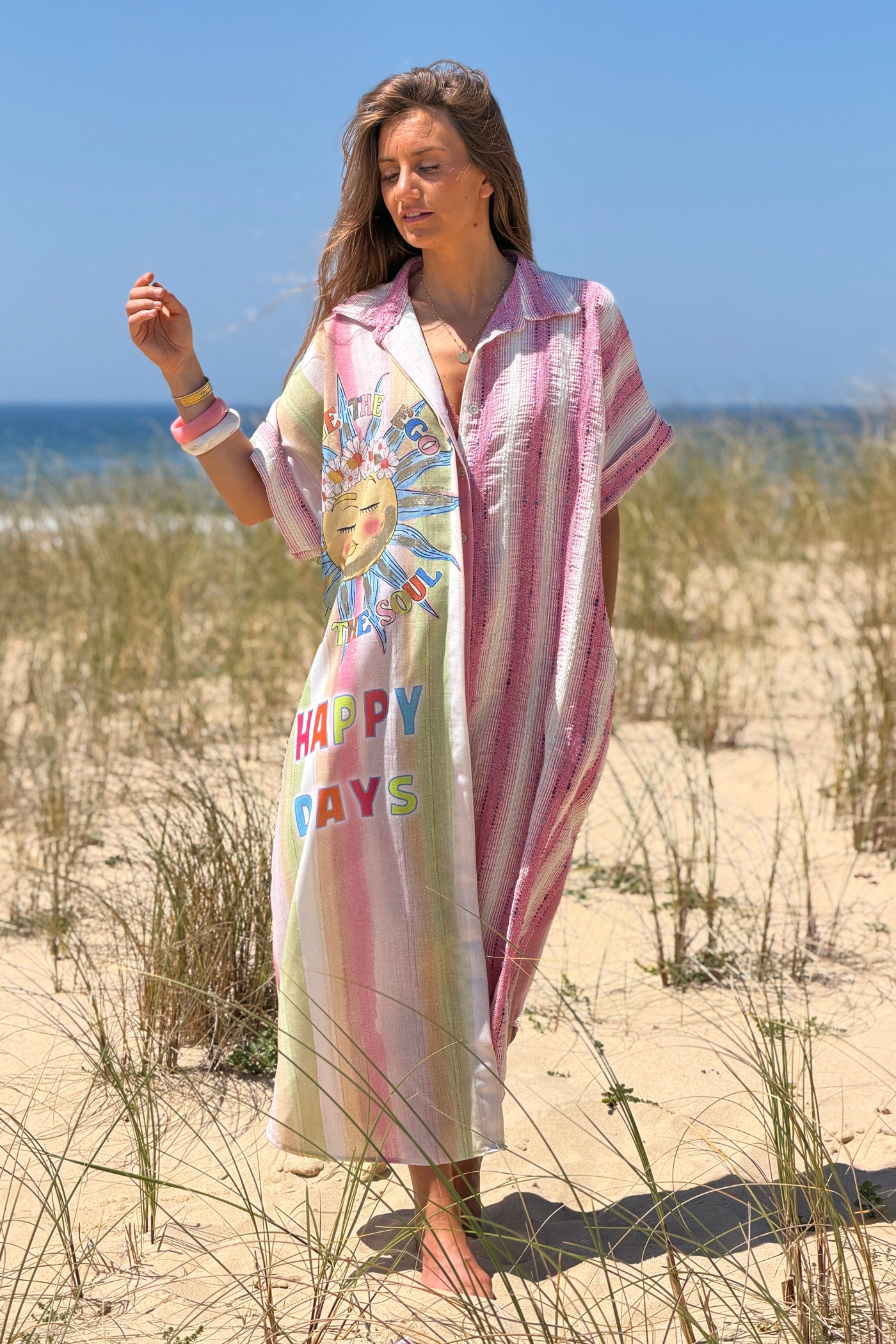 Pink “Happy Days” Pastel Stripe Gauze Caftan