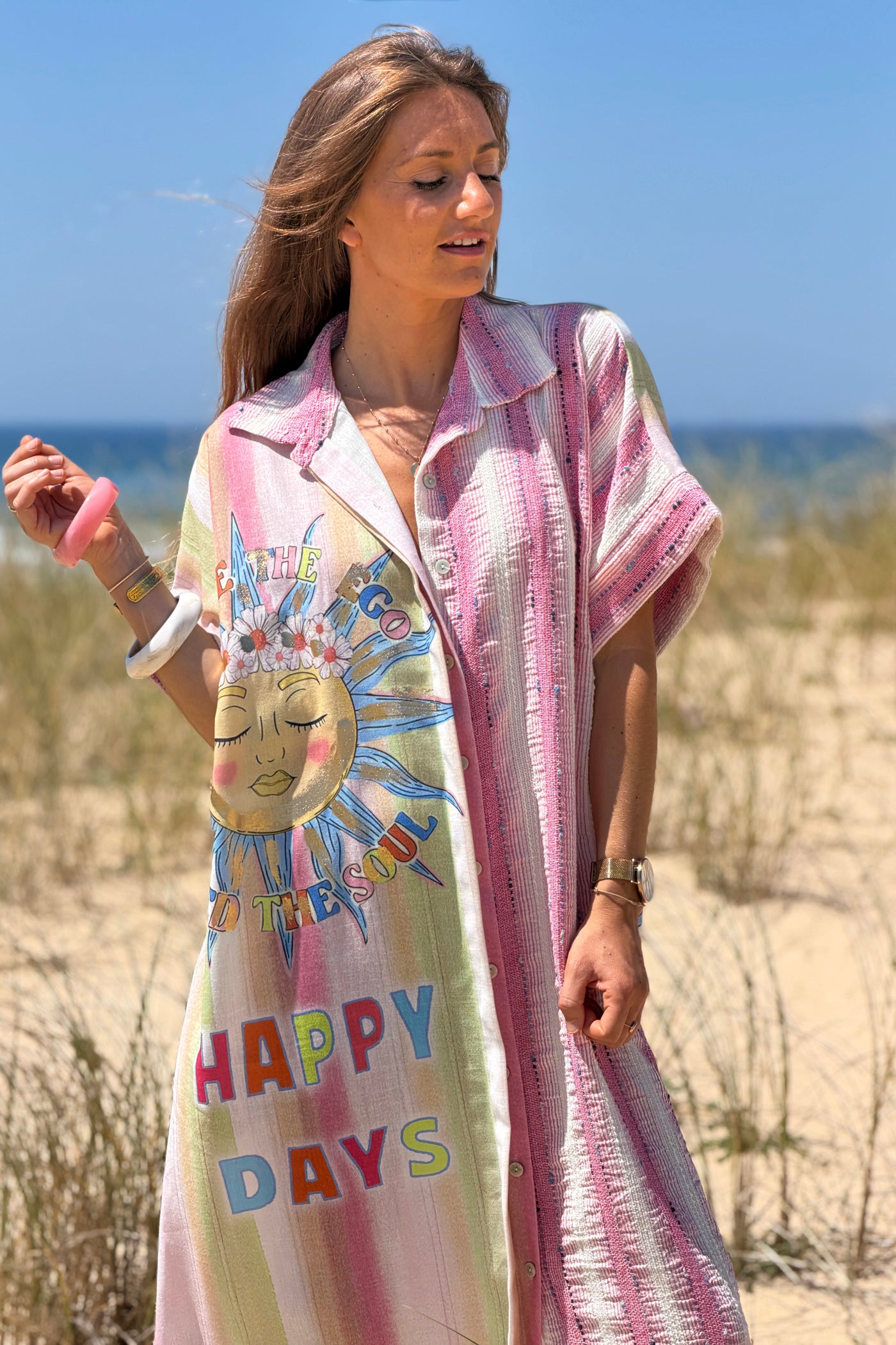 Pink “Happy Days” Pastel Stripe Gauze Caftan