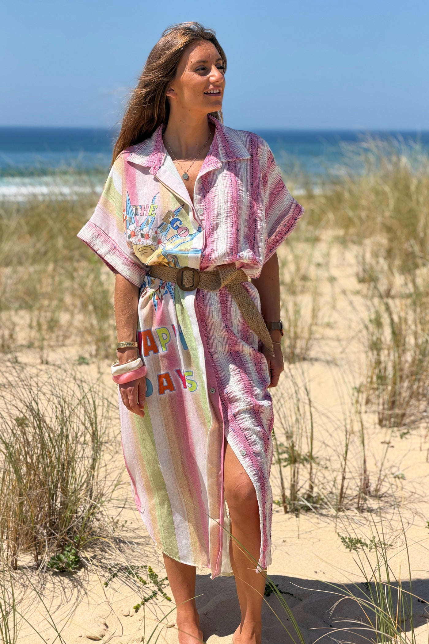 Pink “Happy Days” Pastel Stripe Gauze Caftan