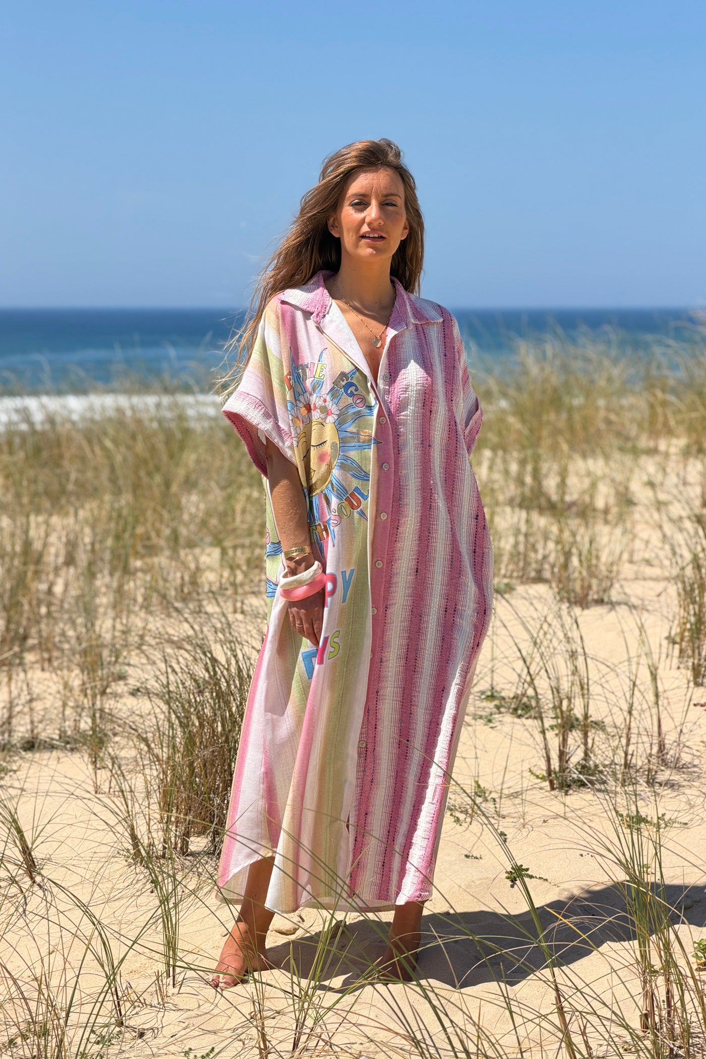 Pink “Happy Days” Pastel Stripe Gauze Caftan