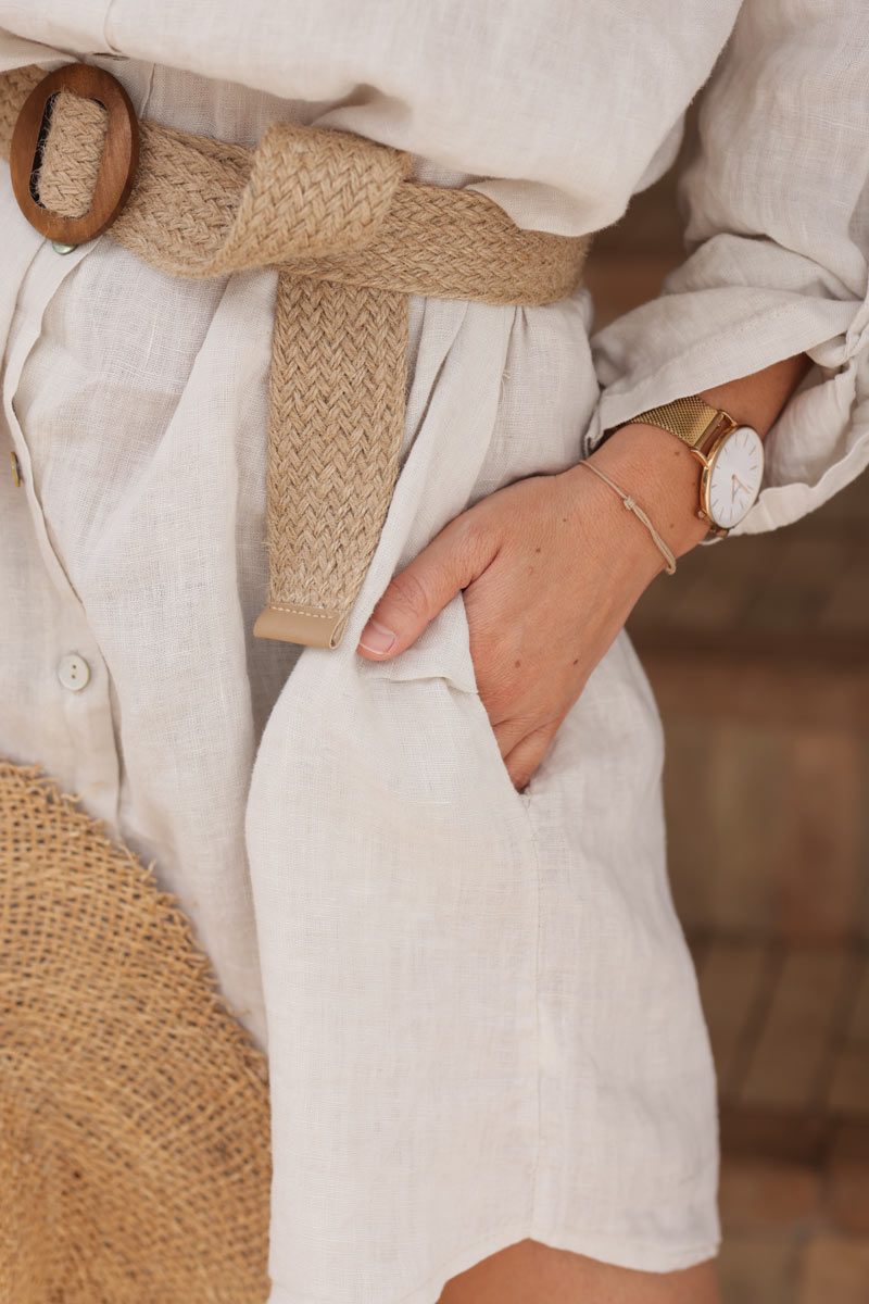 Beige linen shirt dress with mother of pearl buttons and pockets