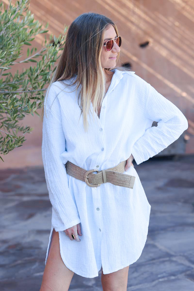 White crinkle gauze cotton shirt dress with mother of pearl buttons