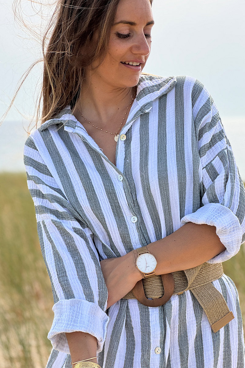 Vestido camisero de gasa de algodón blanco con rayas caqui