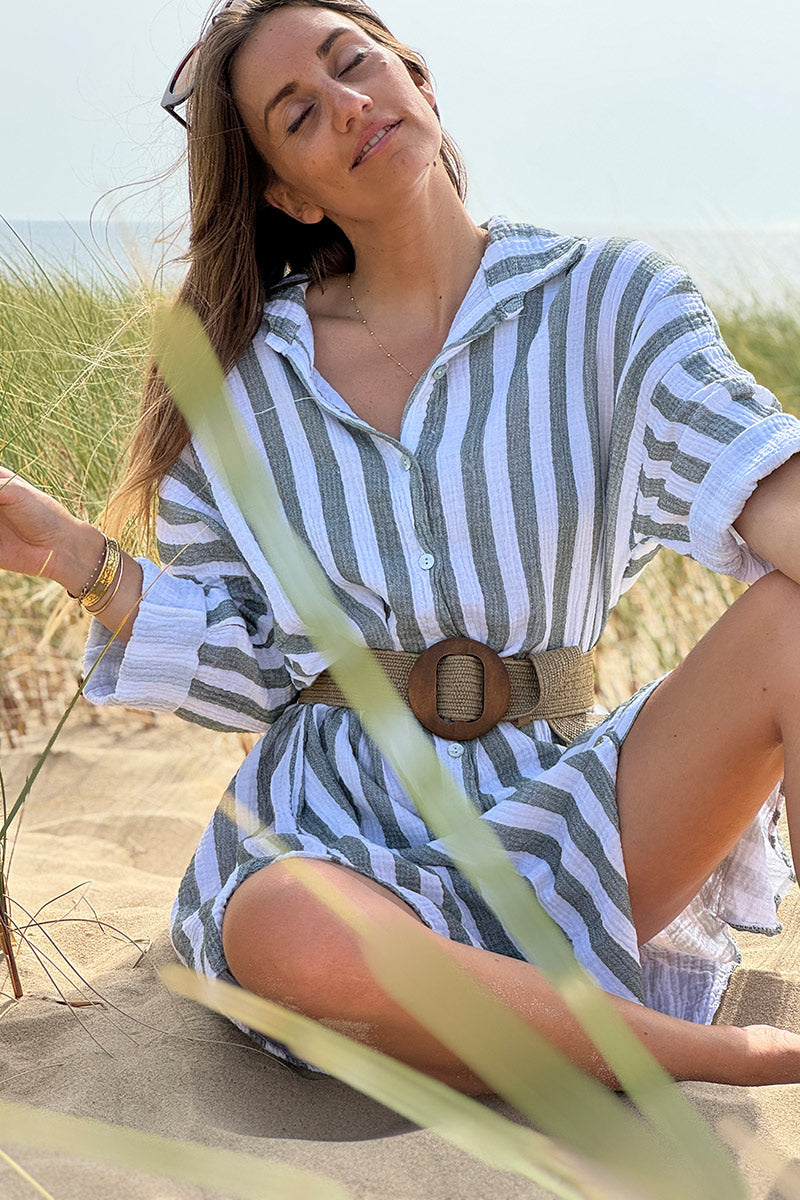 Vestido camisero de gasa de algodón blanco con rayas caqui