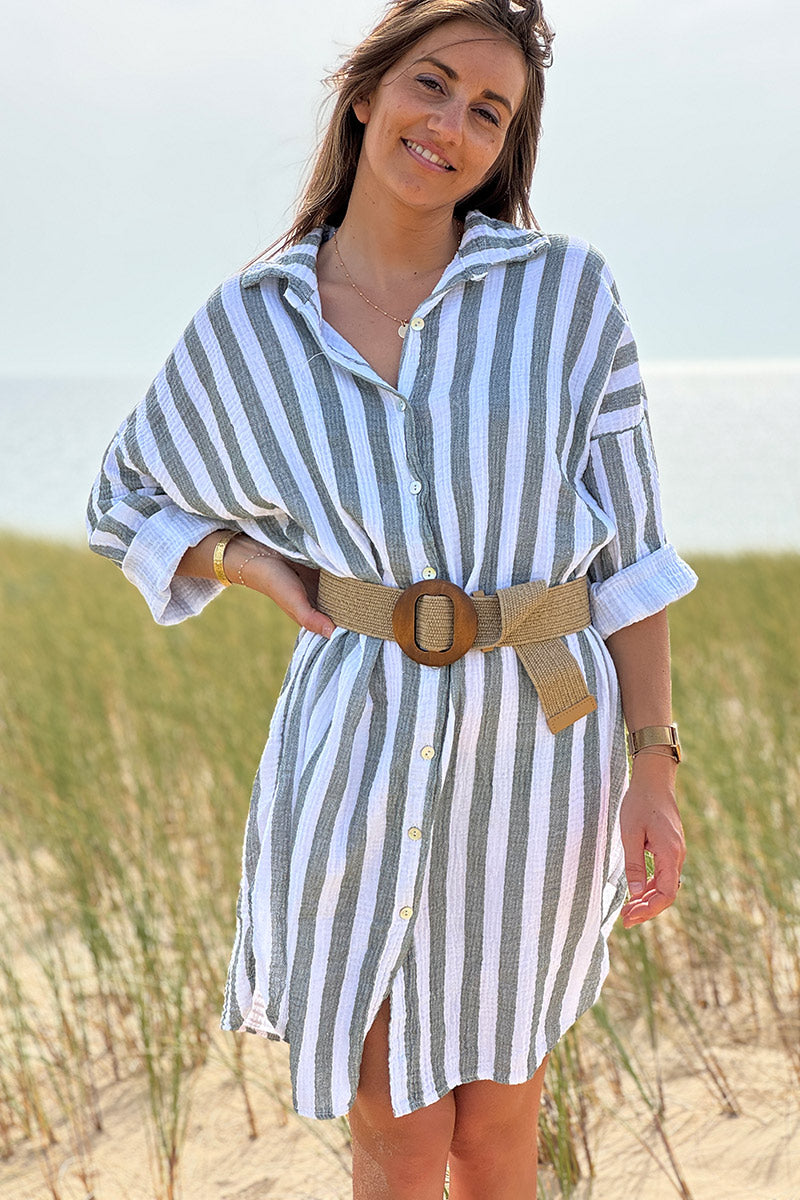 Vestido camisero de gasa de algodón blanco con rayas caqui